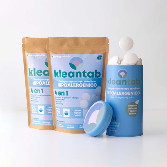 Detergente para Ropa en Tableta Hipoalergénico - 100 tabletas - Incluye Kleancan reutilizable